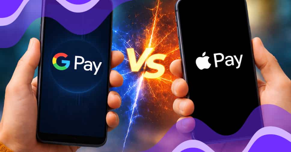 Zwei Smartphones zeigen die Logos von Google Pay und Apple Pay, die sich gegenüberstehen, mit einem leuchtenden „VS“-Blitzeffekt dazwischen.