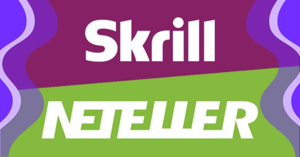 Skrill- und Neteller-Logos auf geteiltem lila und grünem Hintergrund mit abstrakten lila Formen.