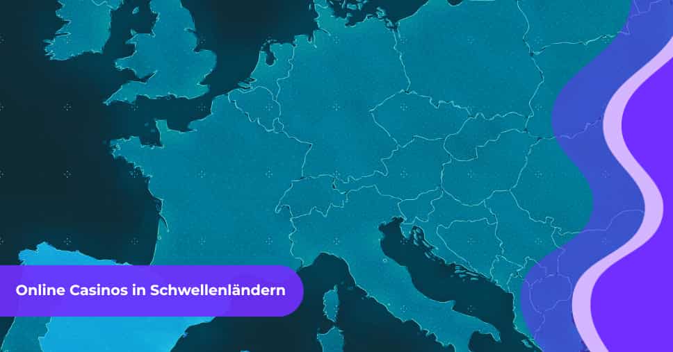 Stilisierte digitale Europakarte mit hervorgehobenen Ländergrenzen, darüber der Schriftzug Online Casinos in Wachstumsmärkten auf einem violetten Banner.
