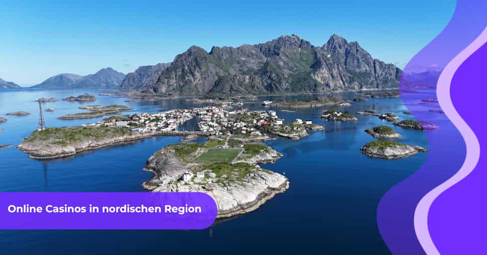 Luftaufnahme einer nordischen Küstenlandschaft mit kleinen Inseldörfern, tiefblauem Wasser und schroffen Bergen im Hintergrund, darüber ein lila Banner mit dem Text Online Casinos in der nordischen Region.