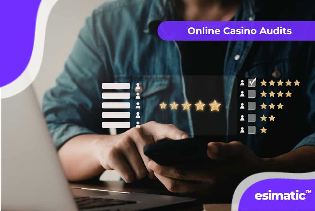Close-up of a mobile user reviewing casino rating scores and checklist interface on screen, representing Online Casino Audits by Esimatic in a purple themed design.